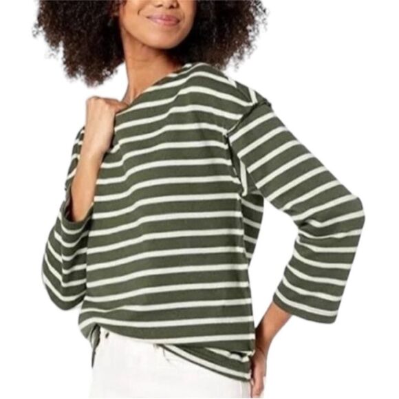 MADEWELL | Casler Luxe Green & Ivory Striped Knit Top Women’s Size Medium - Picture 1 of 9